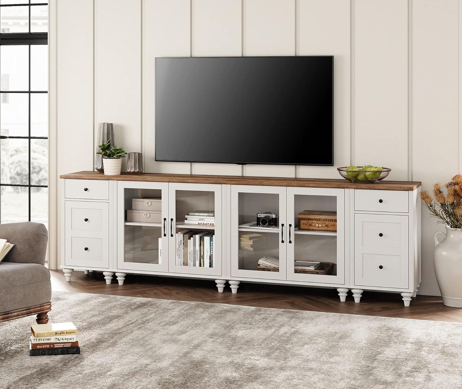Spacious TV Stand for 100 TV, Charging Station, Glass Door