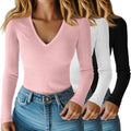 Riyiper Women V Neck Ribbed Long Sleeve Shirt 3-Pack - Slim Fit