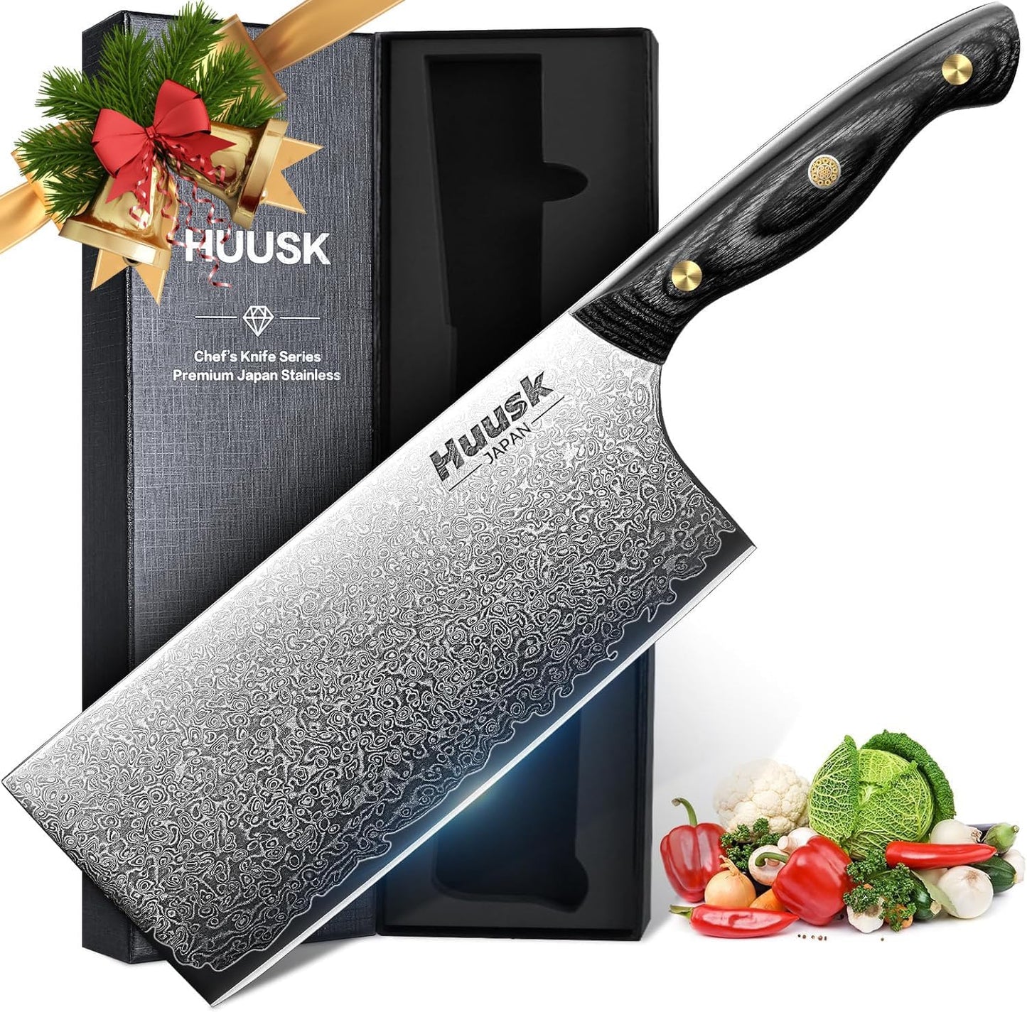 Huusk Damascus Cleaver Knife 7 inch for Meat and Vegetables