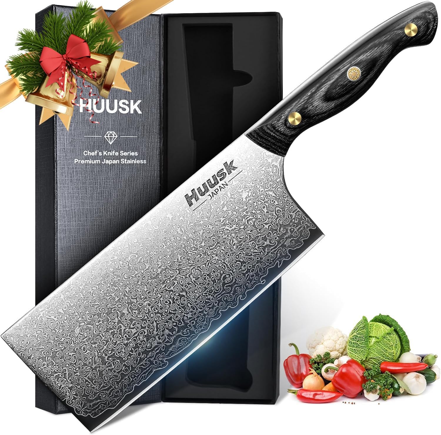 Huusk Damascus Cleaver Knife 7 inch for Meat and Vegetables