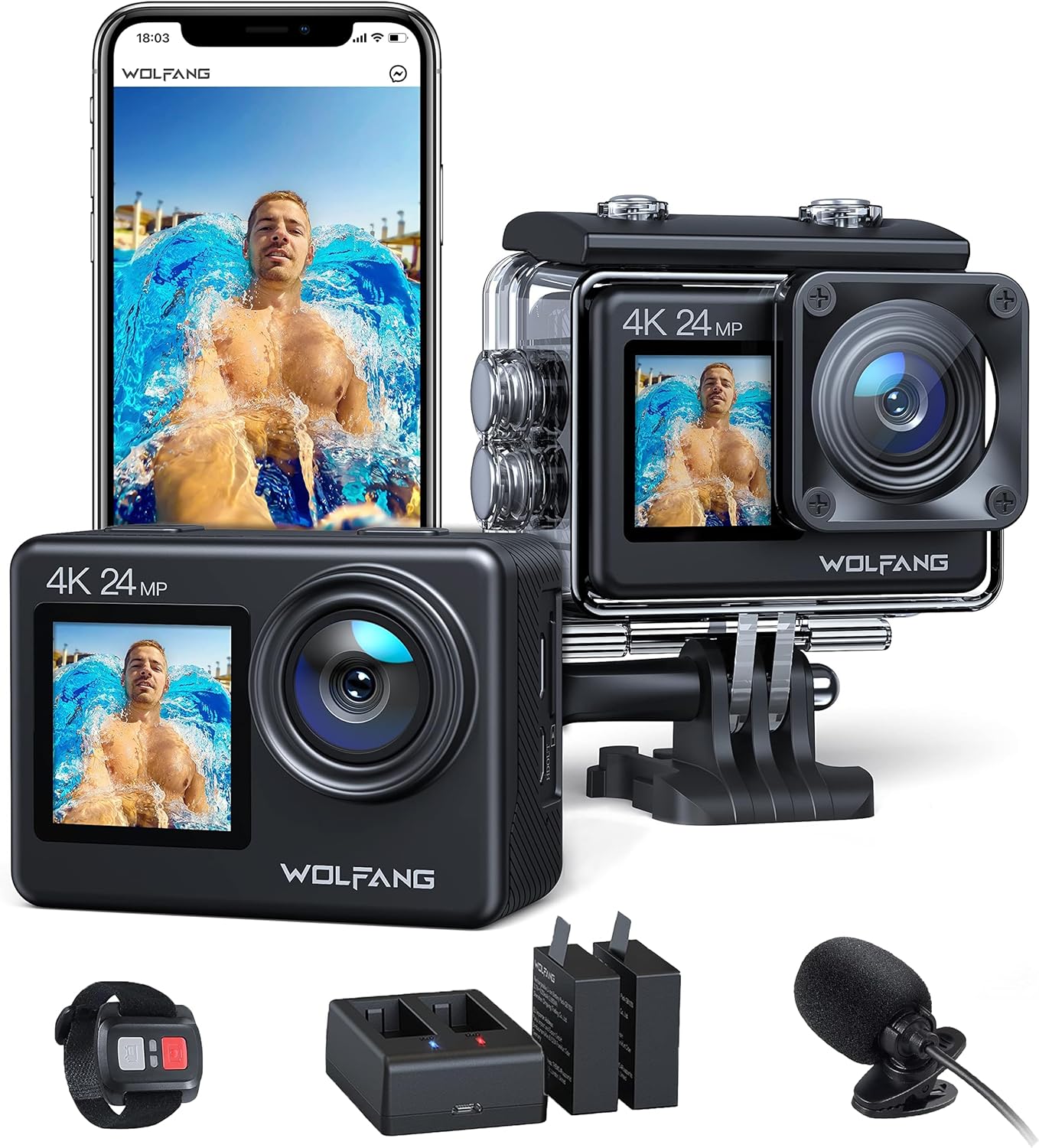 WOLFANG 4K Action Cam: 40M Waterproof, Dual Screen, EIS - Ideal for Snorkeling
