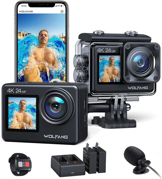WOLFANG 4K Action Cam: 40M Waterproof, Dual Screen, EIS - Ideal for Snorkeling