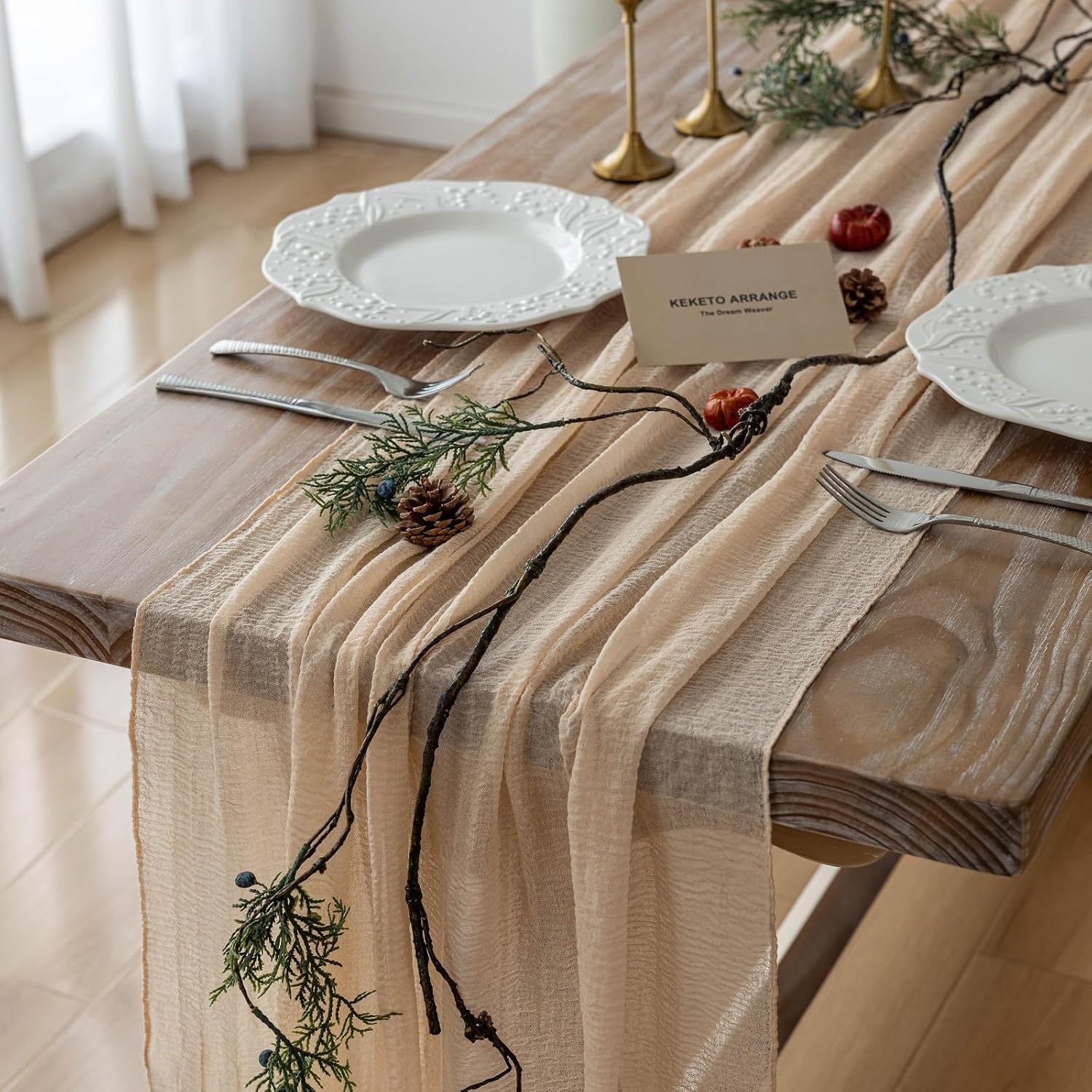 6pcs Deep Beige Cheesecloth Table Runner for Rustic Boho Decor