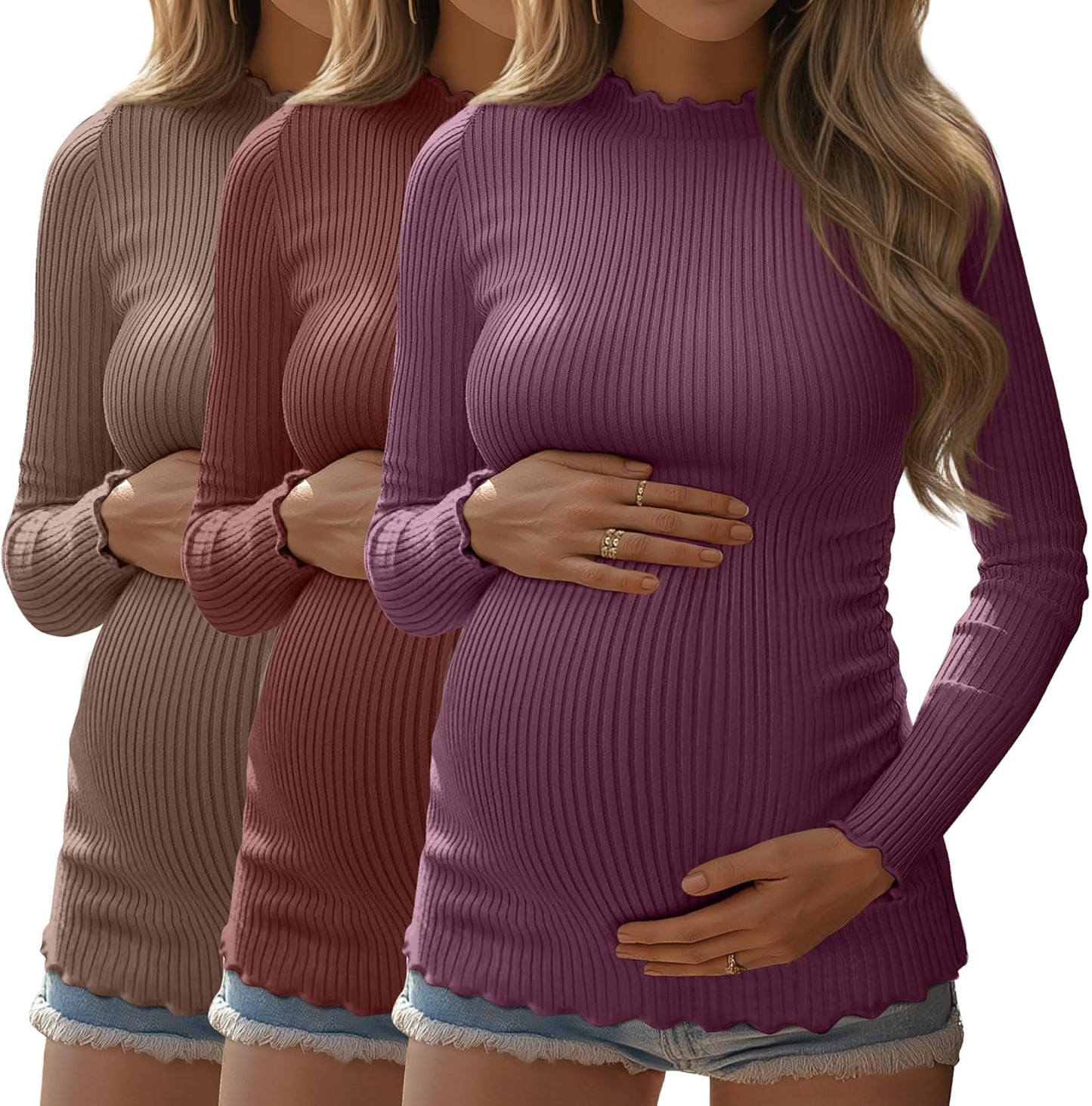 Huukeay Maternity Shirts 3 Pack Long Sleeve Ribbed Tops for Moms