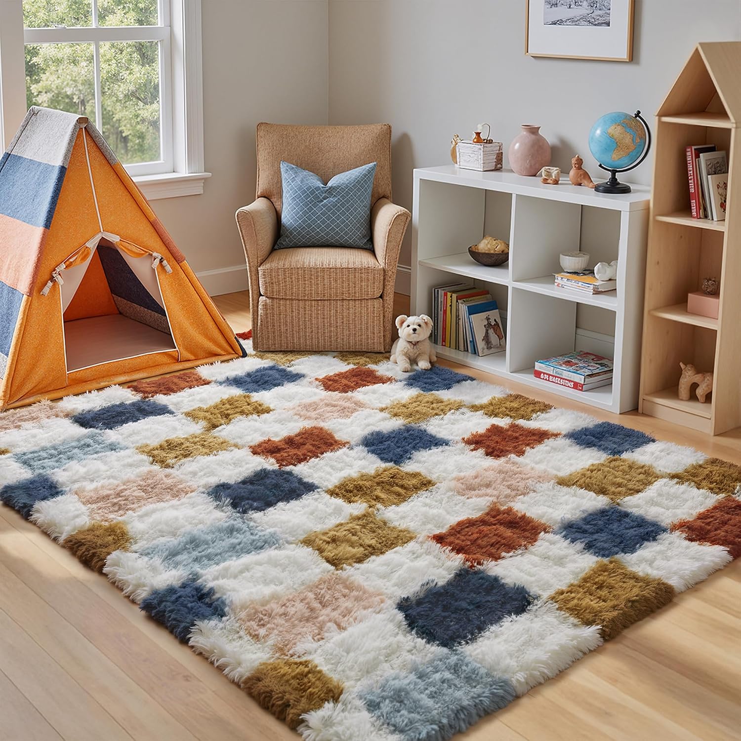 Checkered Rug 4x6 for Living Room - Modern Rainbow Shag Rug