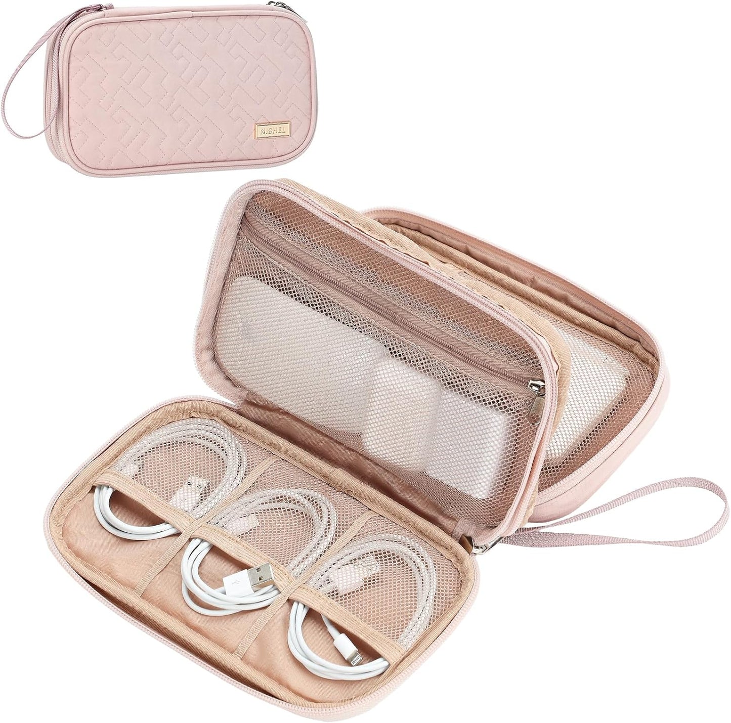 NISHEL Pink Travel Cord Organizer - Double Layered Tech Bag
