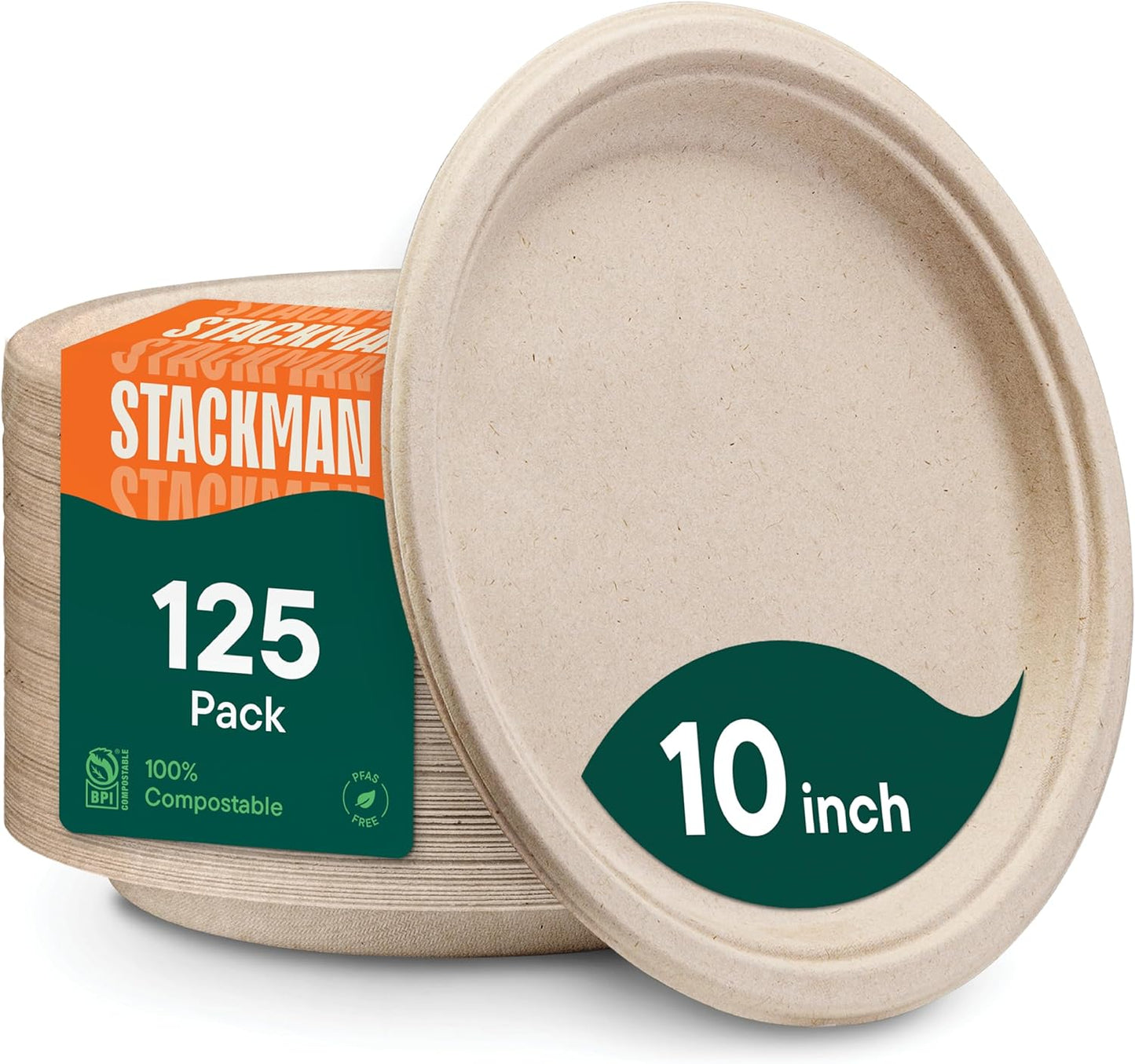 Compostable Heavy Duty Disposable 10 Inch Paper Plates - 125 Pack