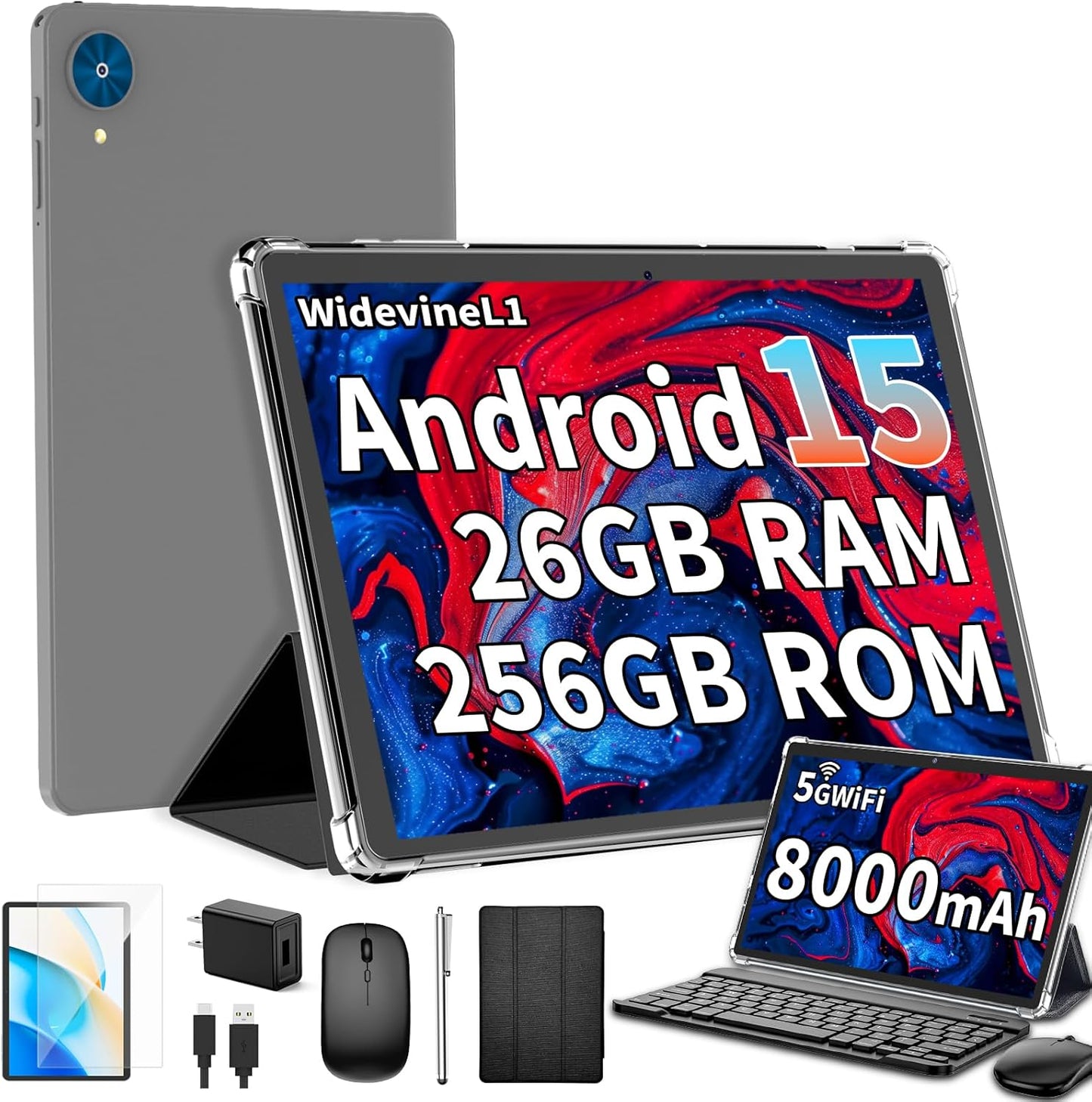 Android 15 Tablet with Keyboard, 26GB RAM, 256GB Storage