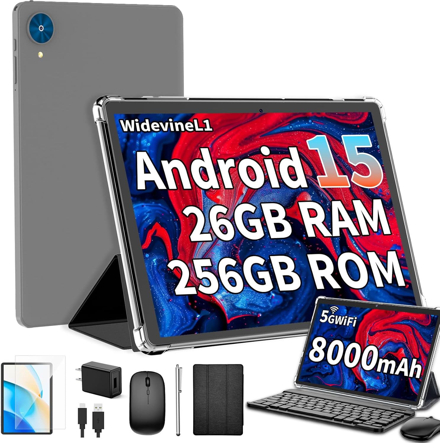 Android 15 Tablet with Keyboard, 26GB RAM, 256GB Storage