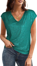 V Neck Sequin Short Sleeve Tops for Women - Sparkly Party Tank