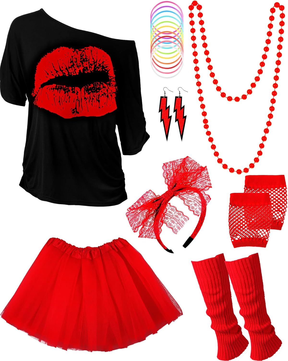 80s Outfit Costume Accessories for Women - Neon T Shirt & Tutu