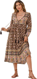 R.Vivimos Womens Long Sleeve Floral Bohemian Midi Dress - Flowy V Neck