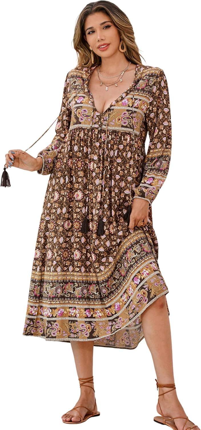 R.Vivimos Women's Long Sleeve Floral Print Bohemian Midi Dress