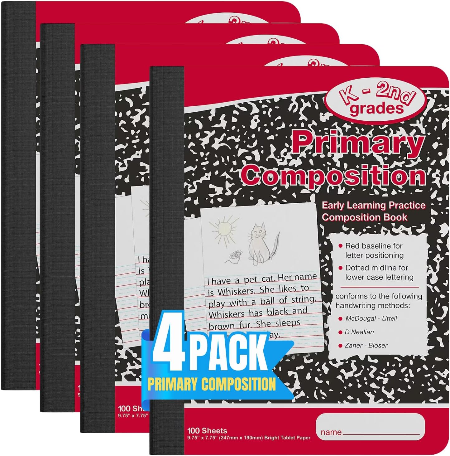 1InTheOffice Kindergarten Primary Composition Journal, 7.5 x 9.75, Red/Black Marble, 4 Pack