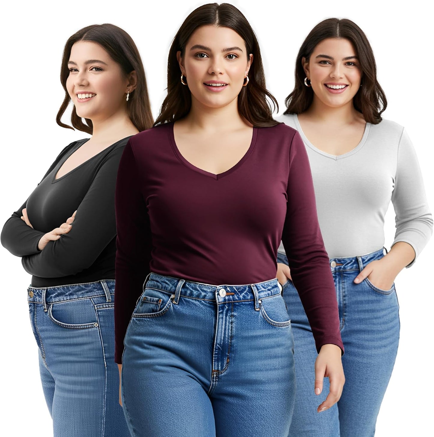 Emmalise Women's Vneck Long Sleeve Tee for Junior and Plus Sizes
