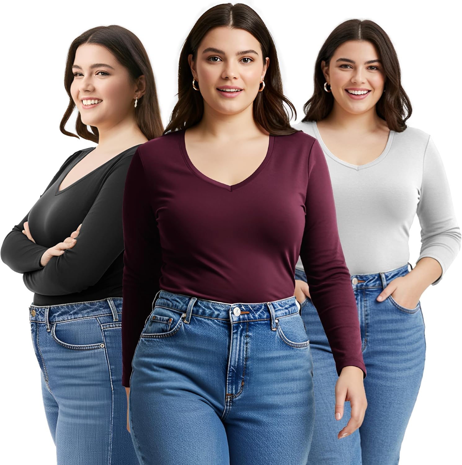 Emmalise Women's Vneck Long Sleeve Tee for Junior and Plus Sizes