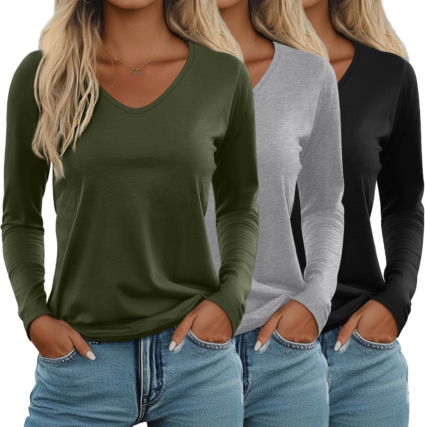 Ficerd 3 Pack Women's Long Sleeve V Neck Casual T Shirts