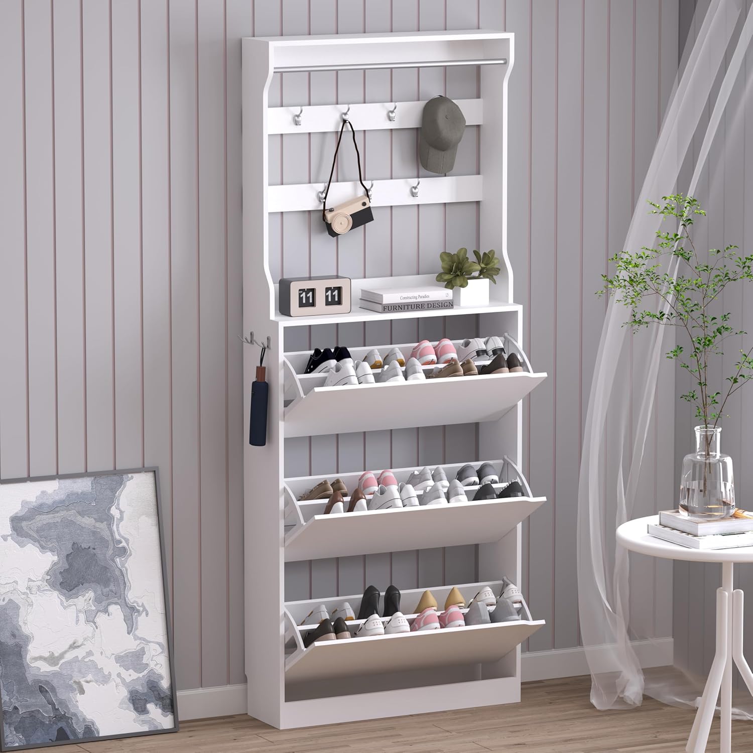 Shoe Cabinet with 3 Flip Drawers & Coat Rack for Entryway