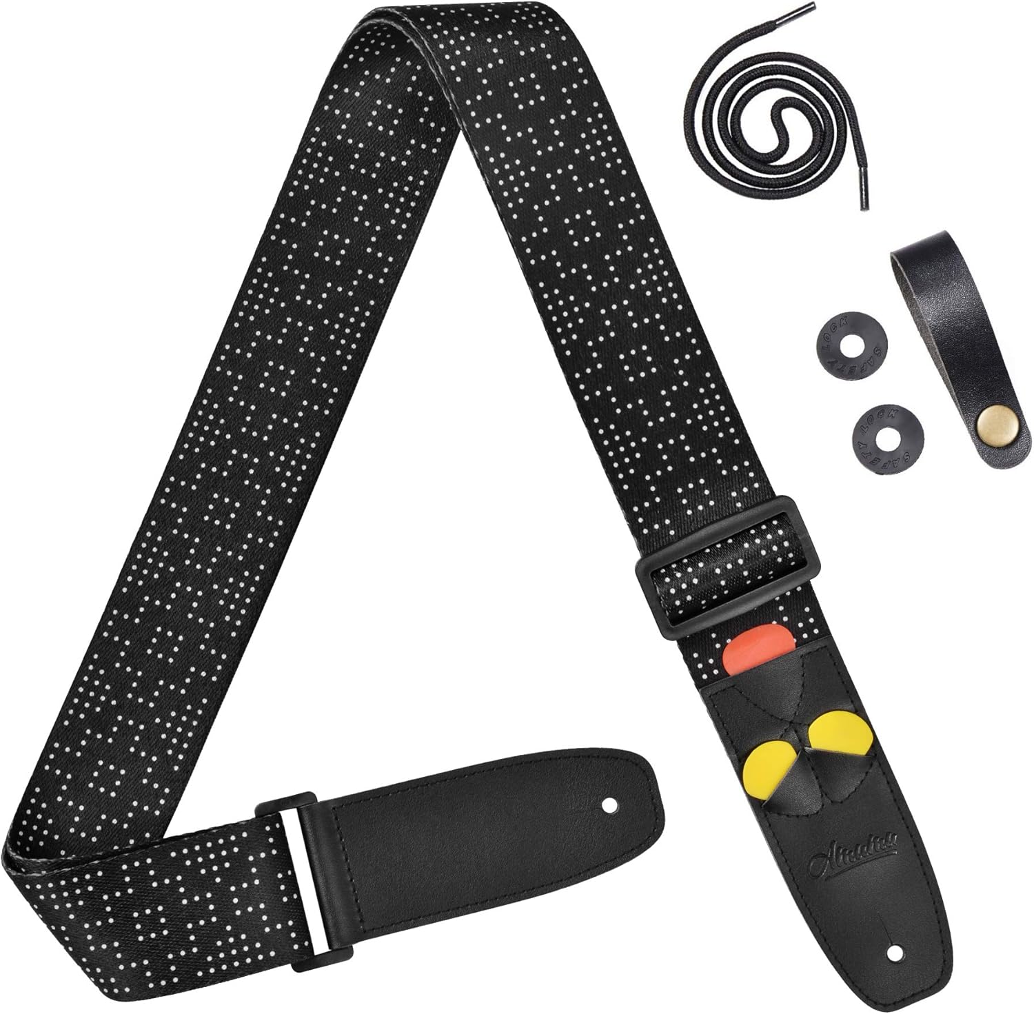 Amumu White Dot Guitar Strap - 3 Pick Holders for Any Guitar!