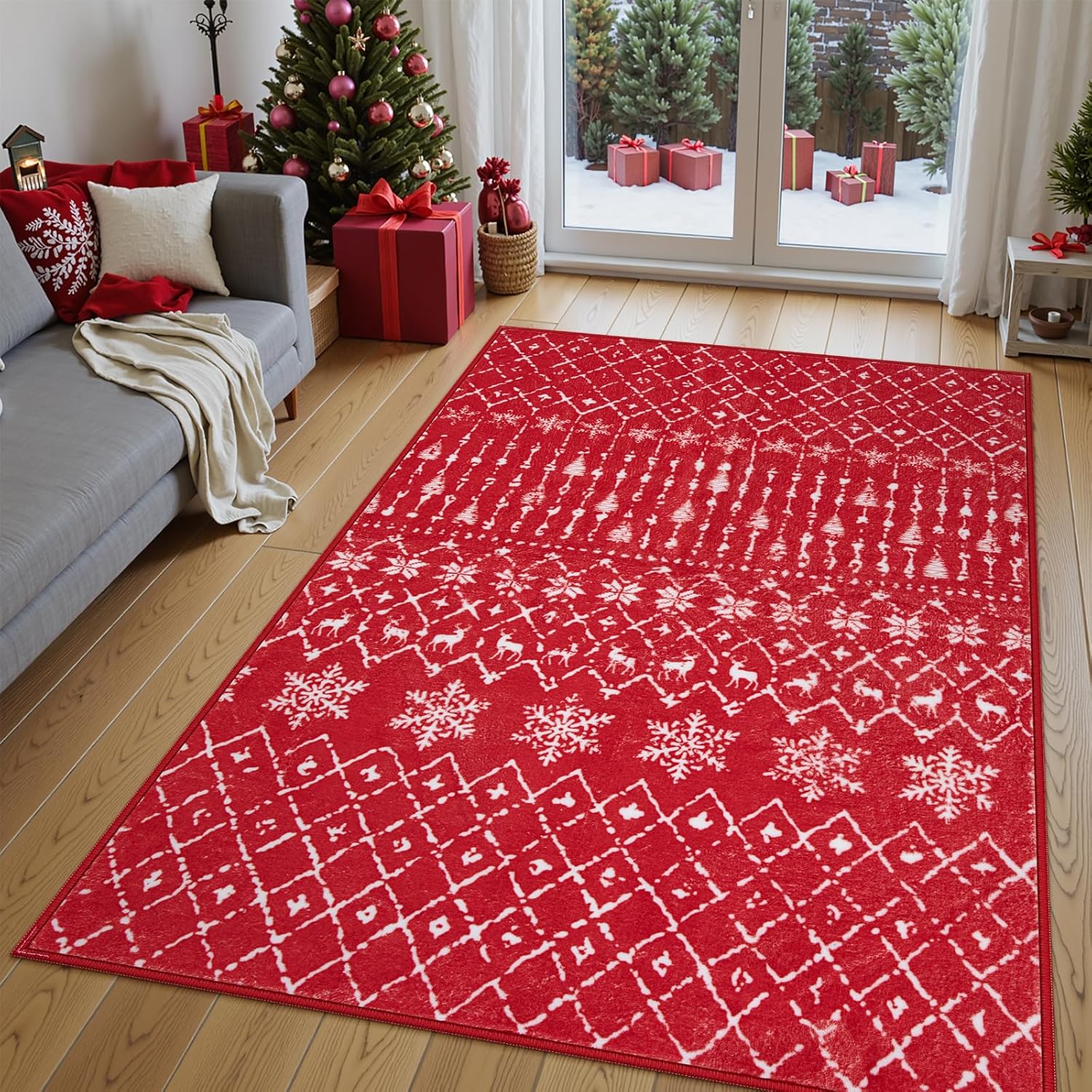 Lahome Moroccan Washable Christmas Rugs - Soft Red Area Rug