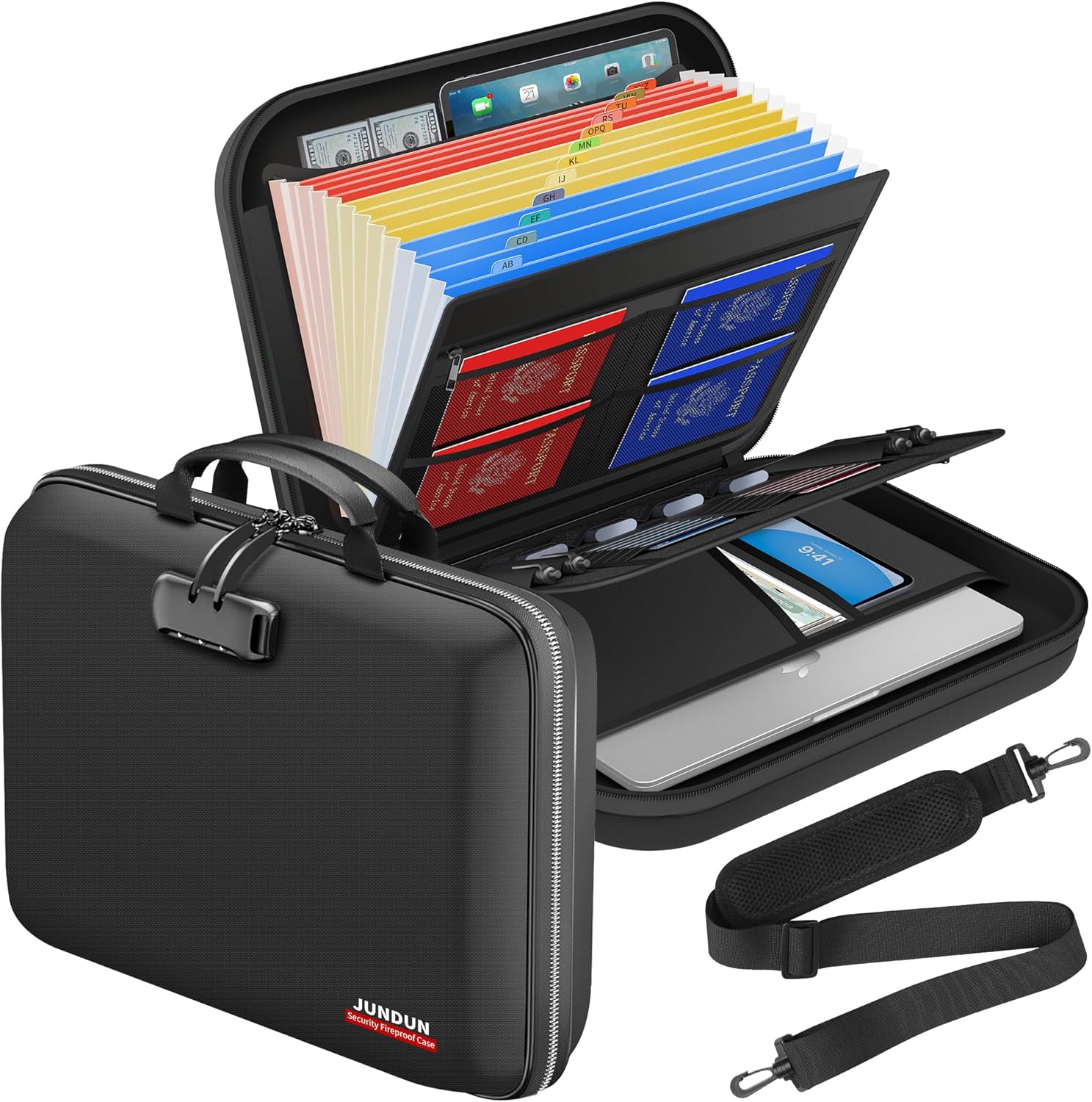 Fireproof Document Box with Lock & Shoulder Strap for Safety
