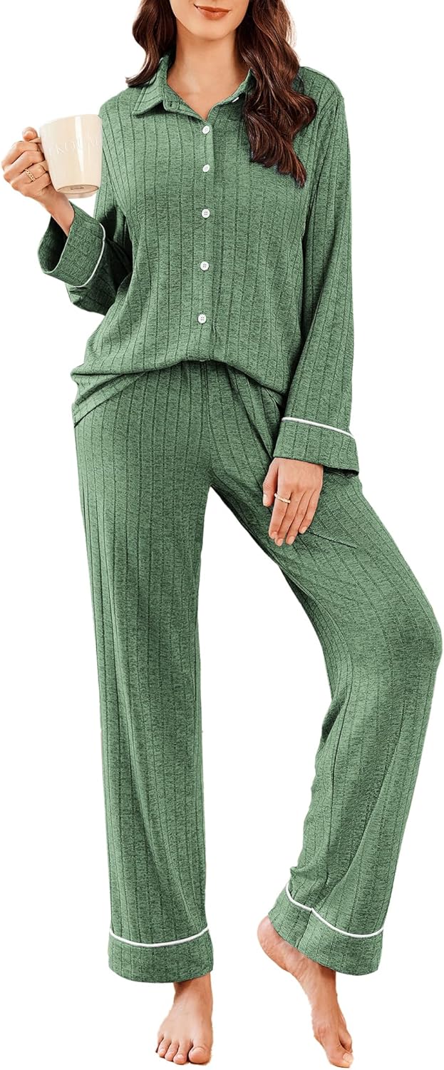 Ekouaer Womens Pajama Sets Long Sleeve Ribbed Knit Lounge Set