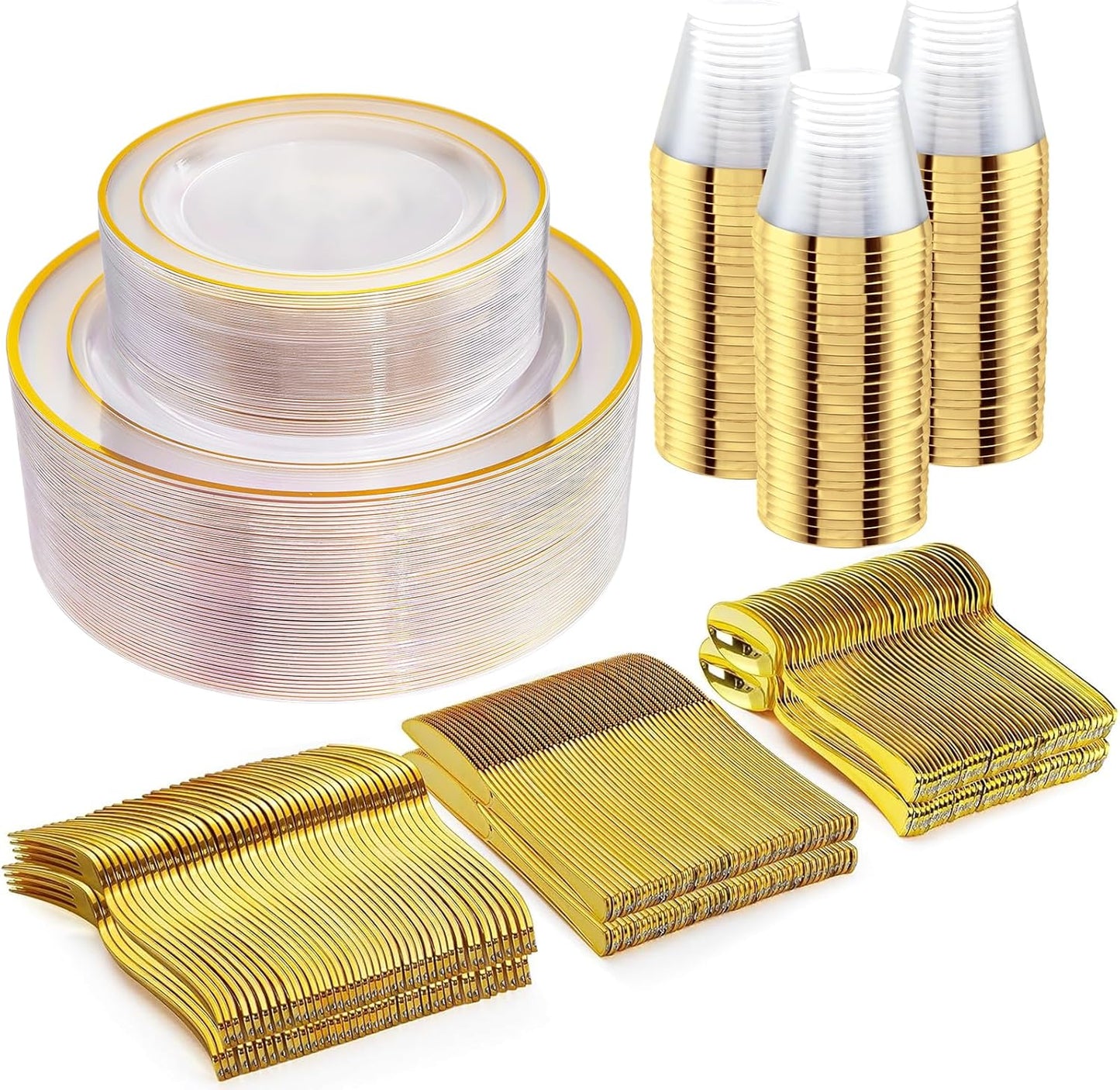 WELLIFE 300Pcs Clear Gold Dinnerware Set for Elegant Parties
