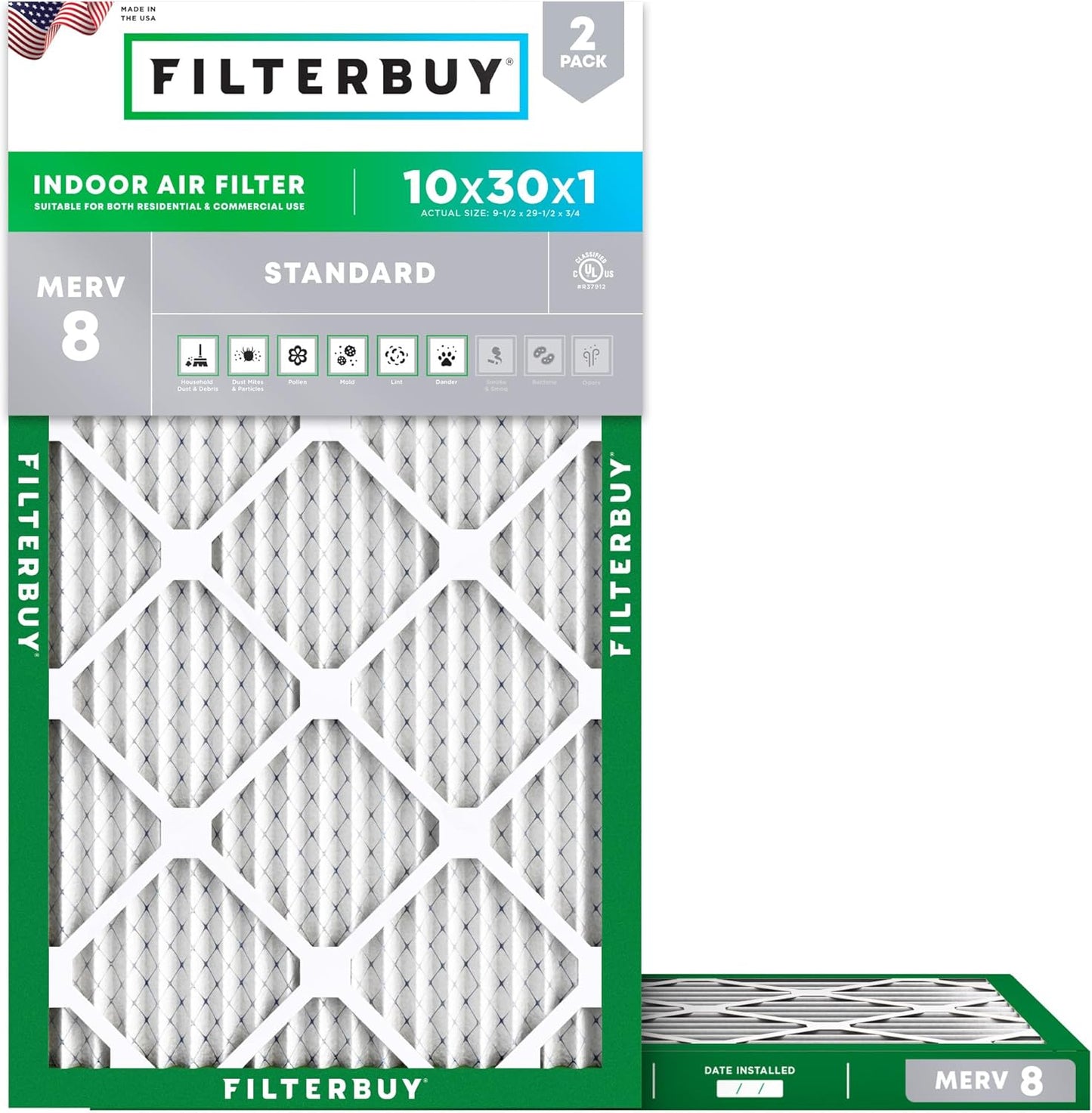 Filterbuy 10x30x1 Air Filter MERV 8 for Dust & Allergy Defense