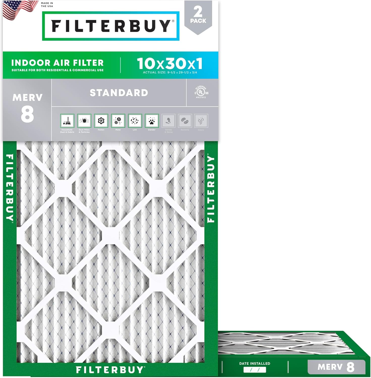 Filterbuy 10x30x1 Air Filter MERV 8 for Dust & Allergy Defense