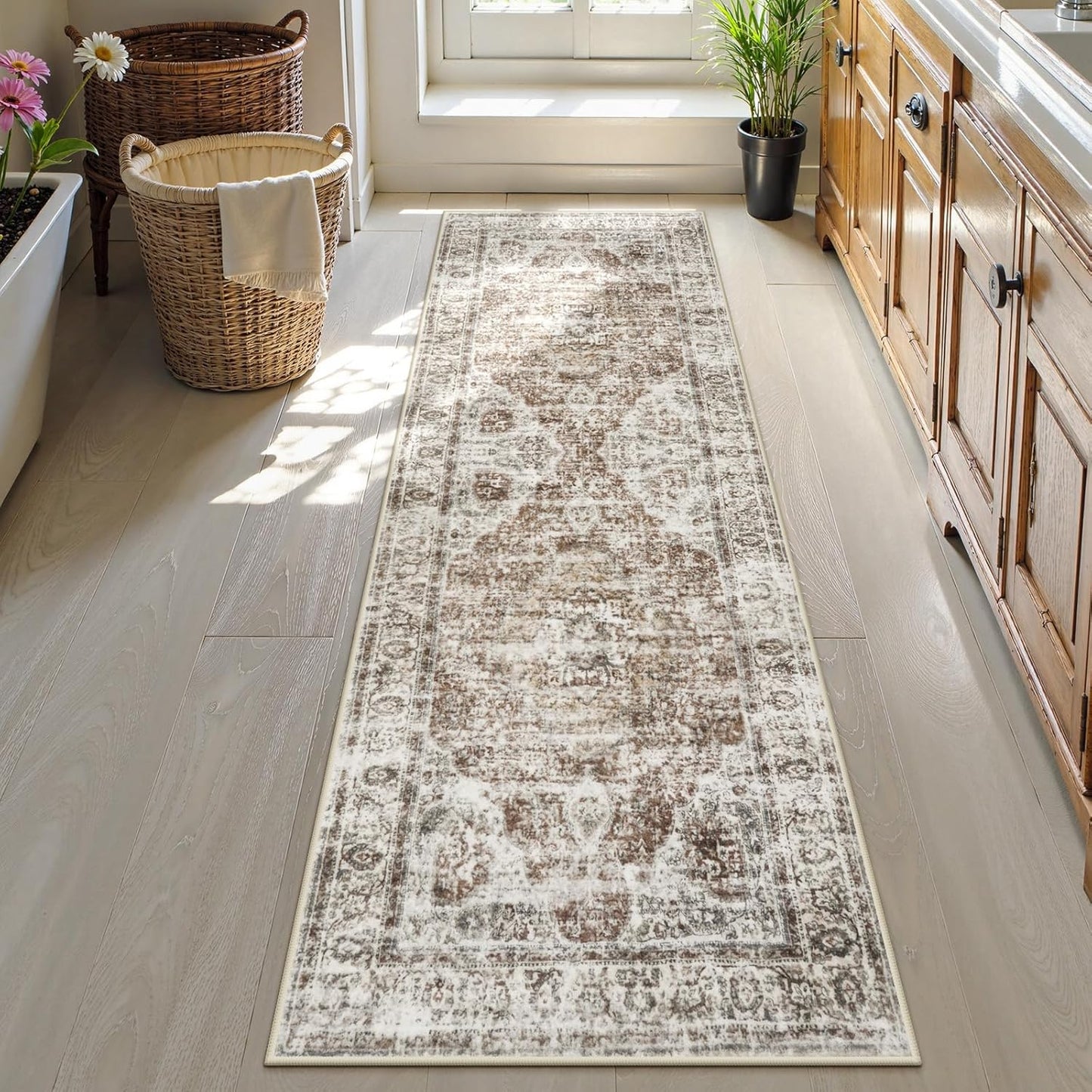 Uphome Bathroom Runner Rug in Distressed Tribal Khaki Design
