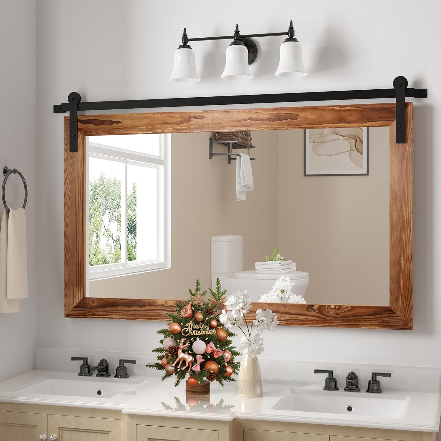 Farmhouse Barn Door Mirror - Rustic Wood Framed Wall Decor