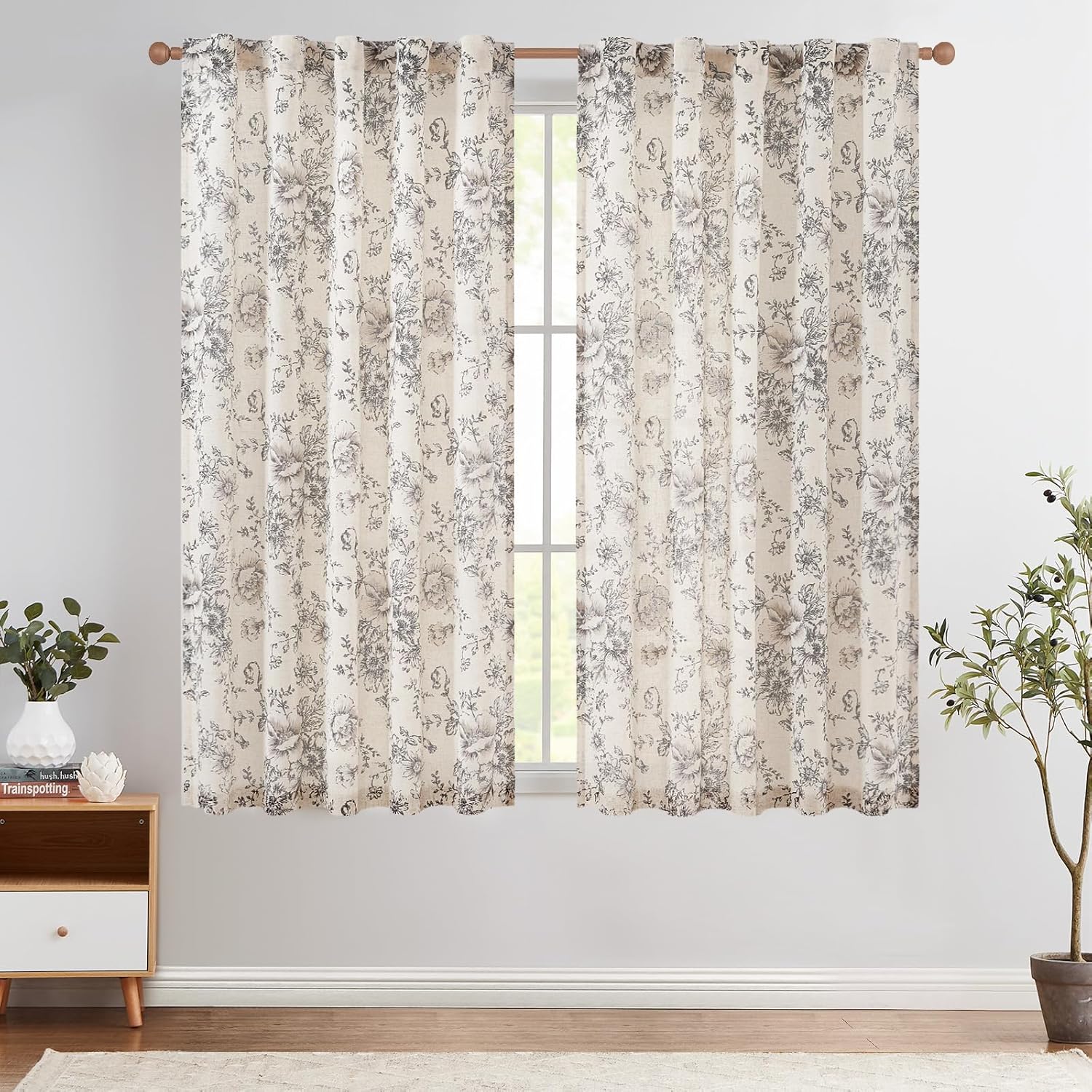 Floral Linen Blend Curtains for Living Room and Bedroom Decor