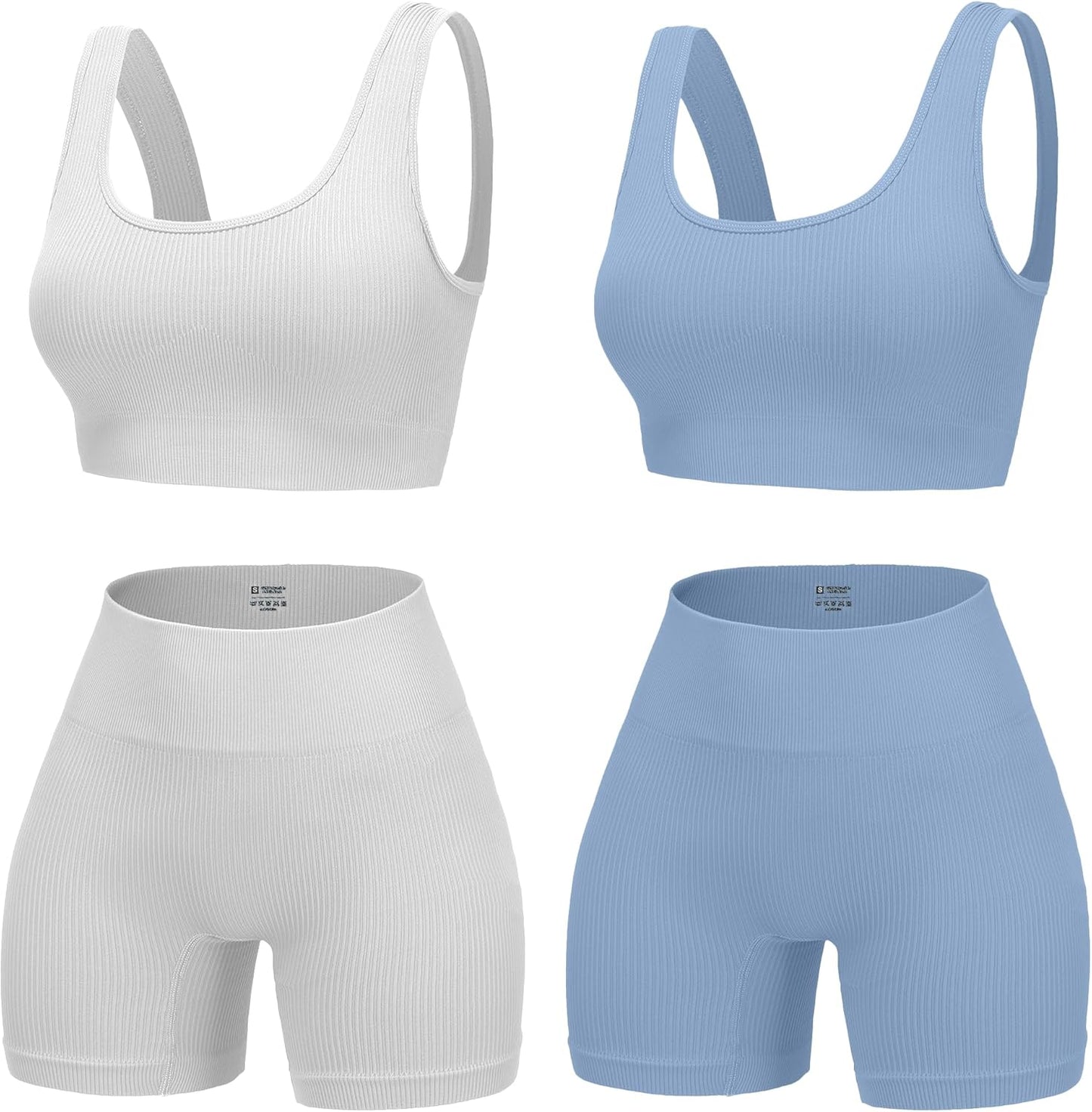 4 Piece Workout Sets for Women Seamless Ribbed High Waist Yoga