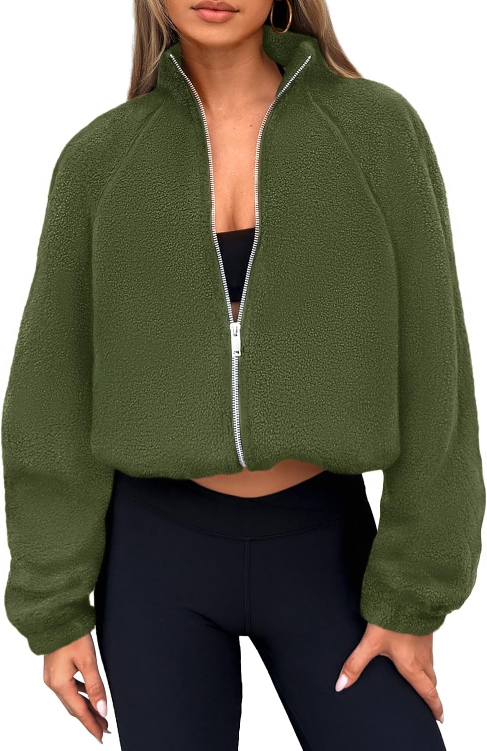 Trendy Long Sleeve Zip Up Cropped Fleece Sherpa Jacket for Women