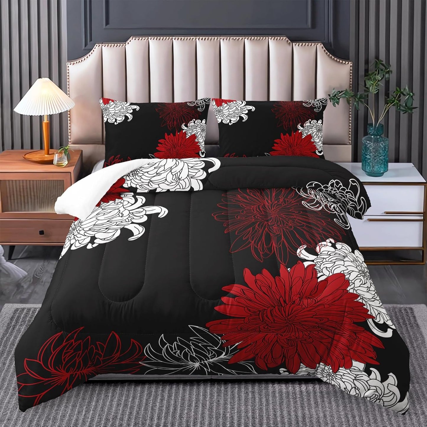 Red and Black Chrysanthemum Full Size Comforter Set for Women