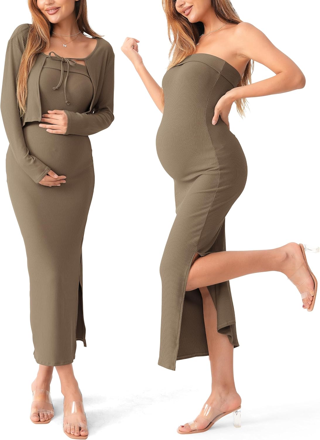 SUNNYBUY Maternity Tube Dress and Cardigan Set for Moms