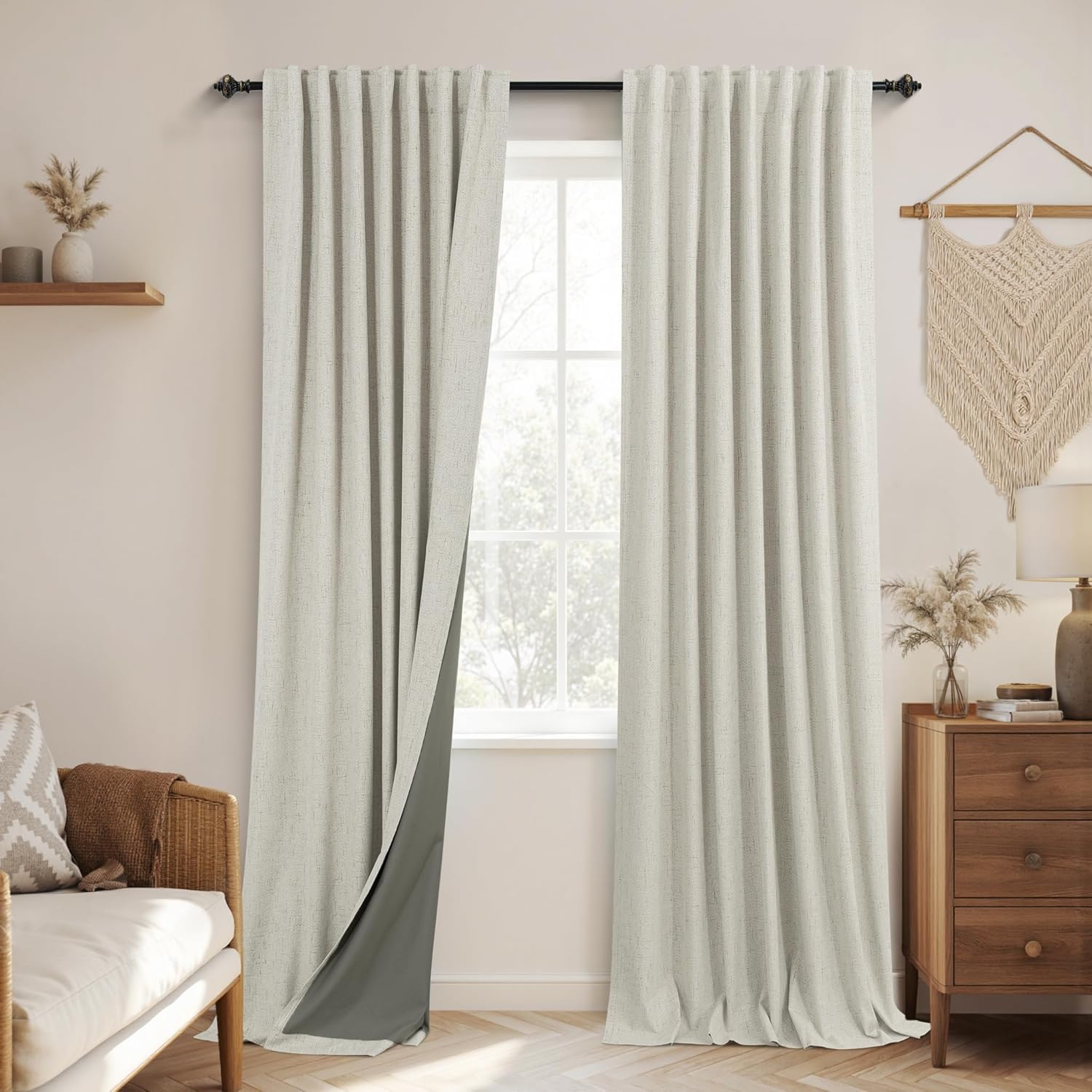 KOUFALL Vintage Boho Natural Linen Blackout Curtains for Home