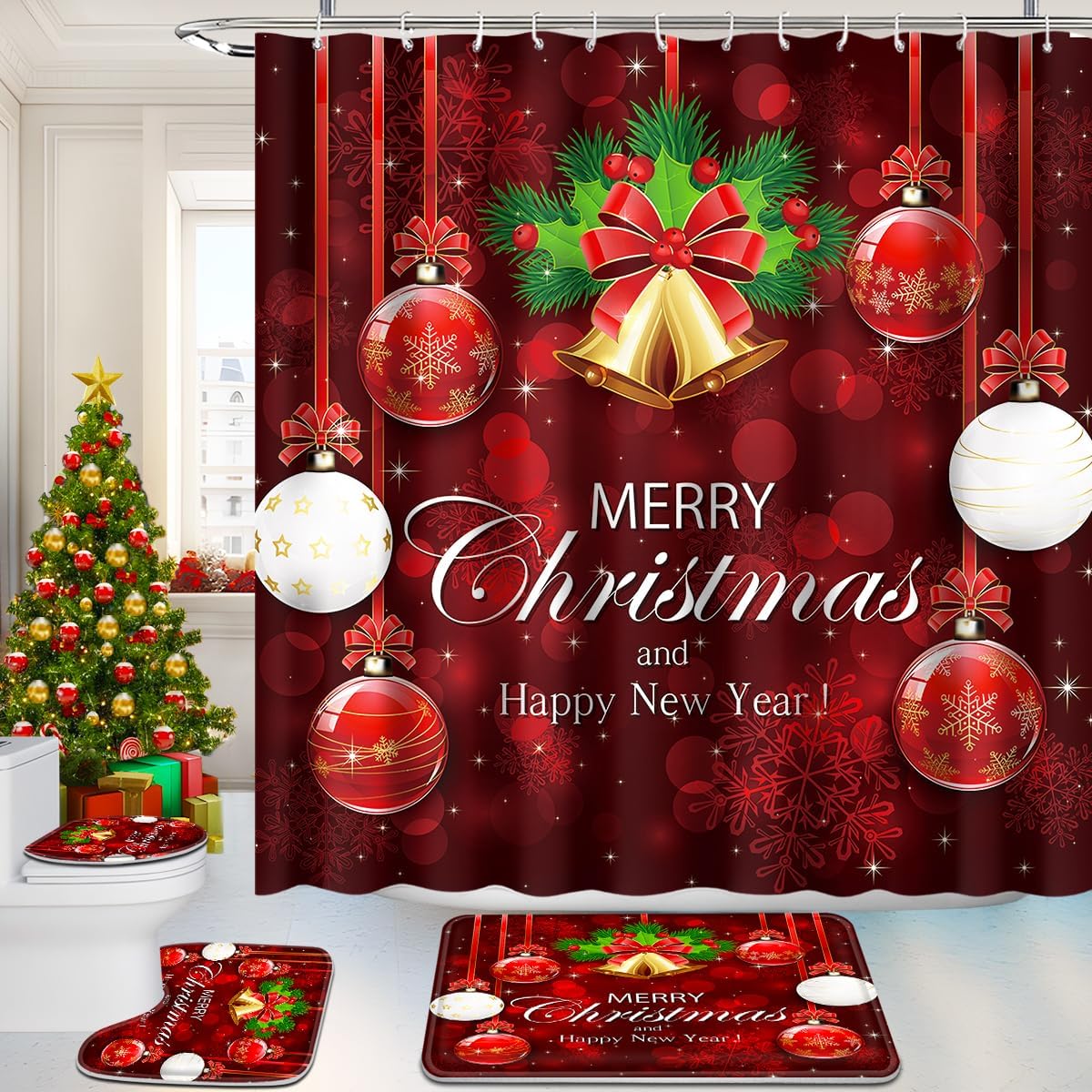 Merry Christmas Bathroom Shower Curtain Sets for Festive Decor