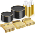 Black and Gold Plates 50 Guest Disposable Dinnerware Set - Elegant