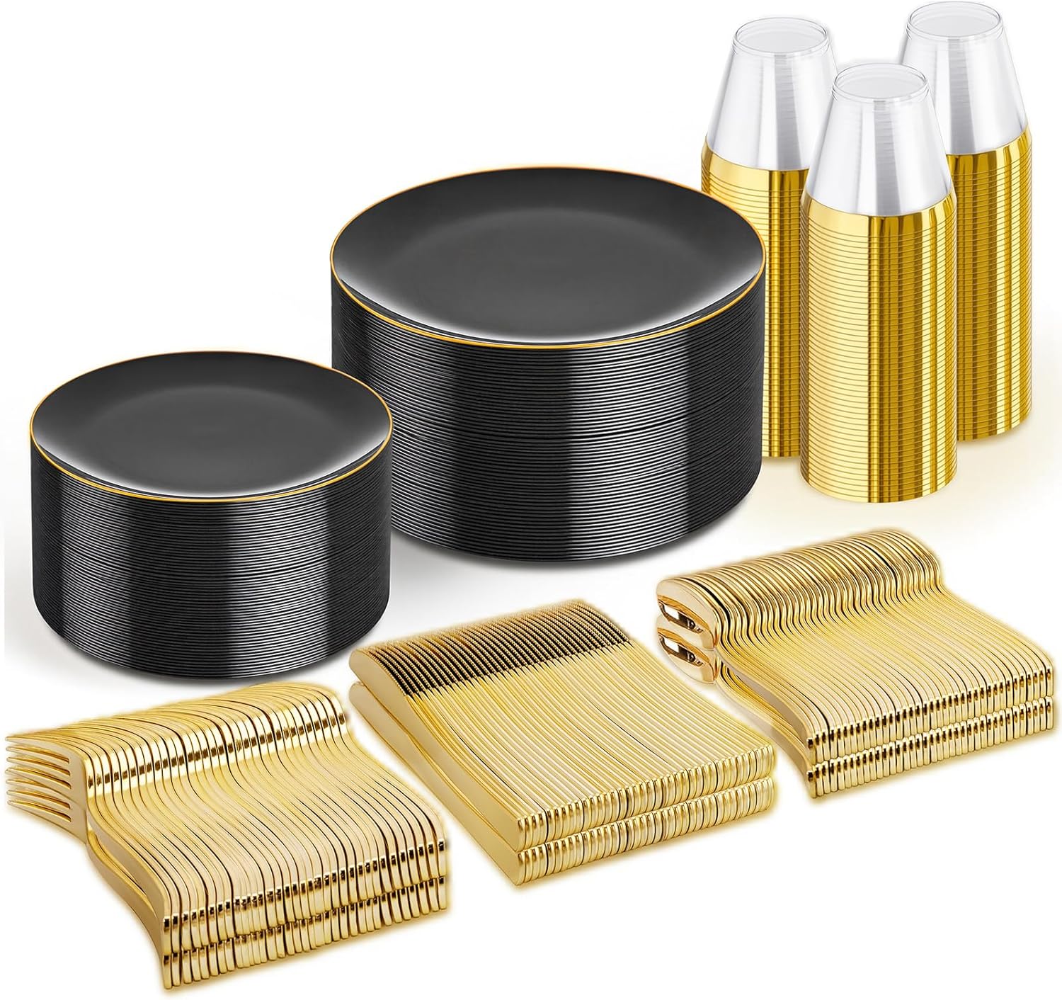 WDF 300PCS Black and Gold Plates for Elegant Party Events