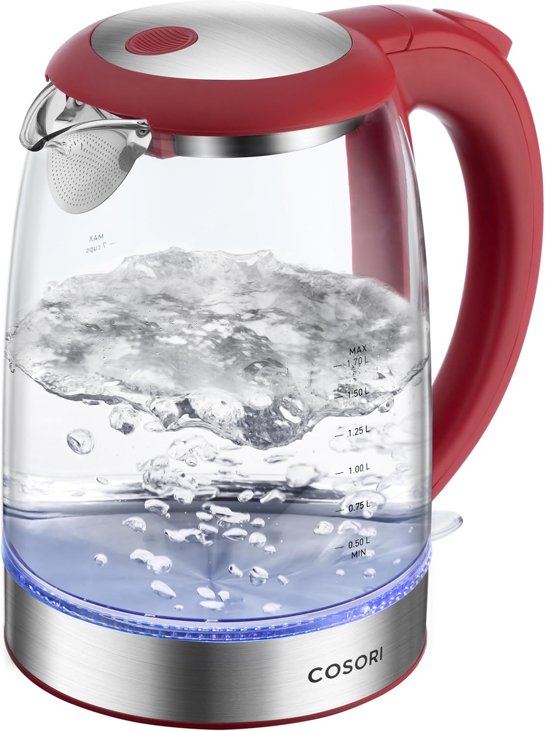 Cosori Stainless Steel Electric Kettle: Plastic-Free, Auto Shut Off, Red 1.7L