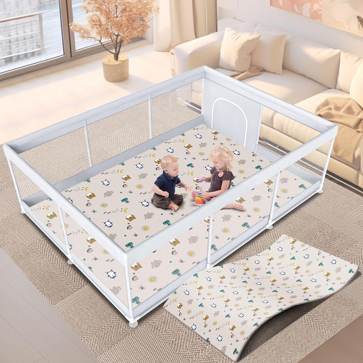 Large Safety Baby Playpen with Zipper Door - Poudee