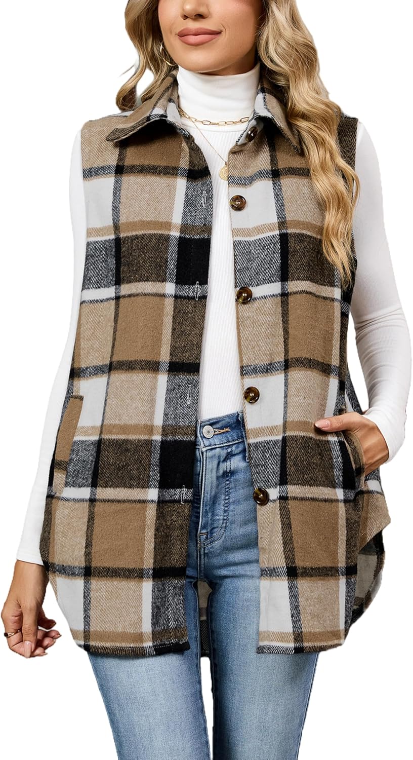 Womens Fall Flannel Plaid Vest Button Down Sleeveless Jacket