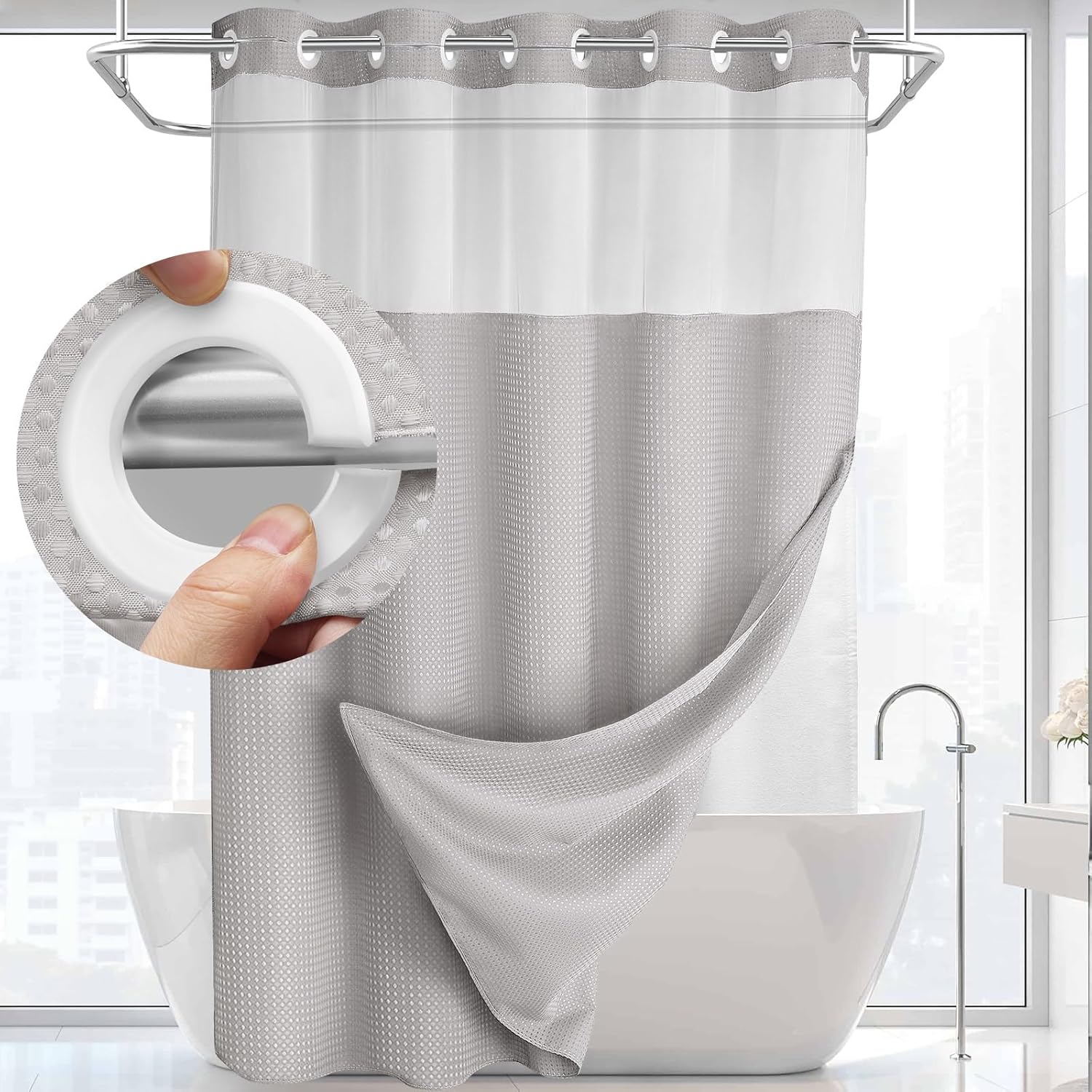 YellyHommy No Hook Snap-In Waffle Shower Curtain Set - Time-Saving Light Gray Design