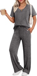 Ekouaer Womens Ribbed Knit Lounge Set Short Sleeve Top and Pants