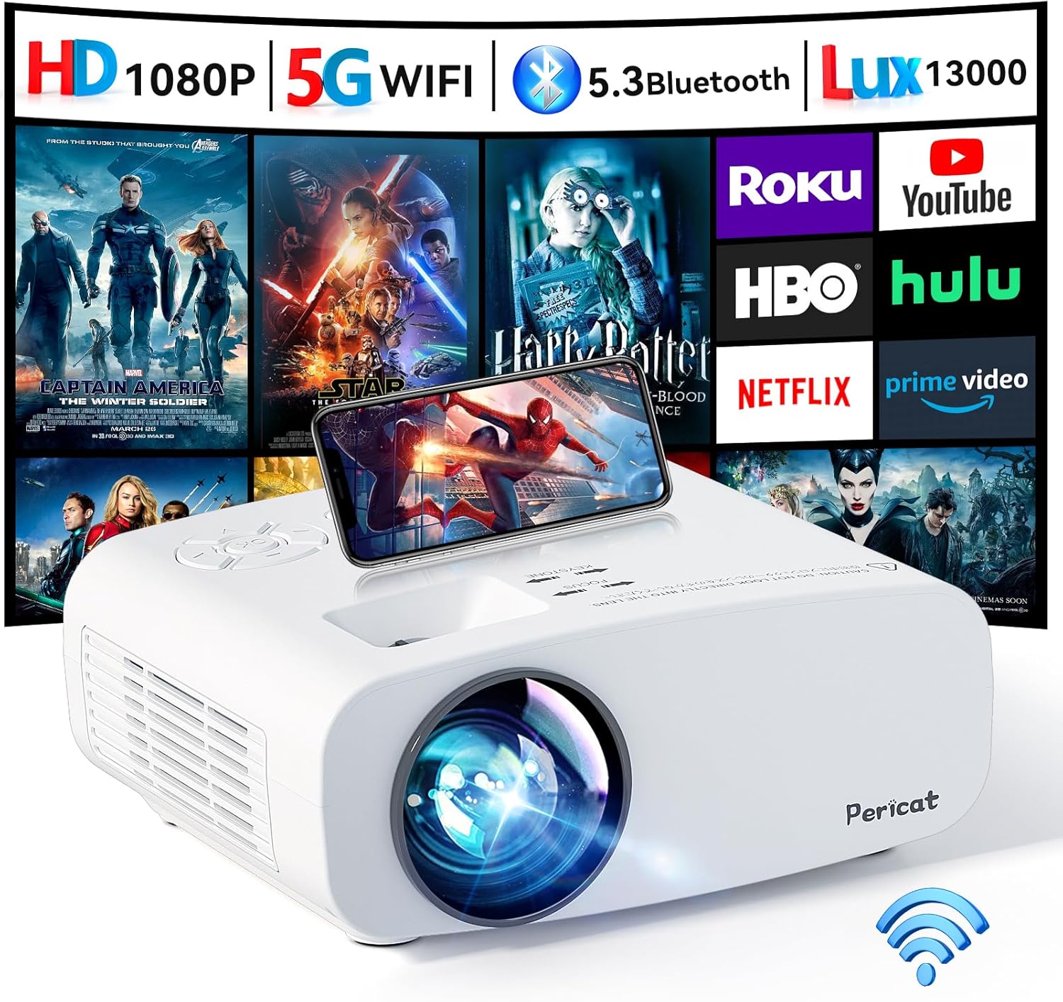 Pericat 13000L WiFi Projector: 4K Supported, Portable Home Theater