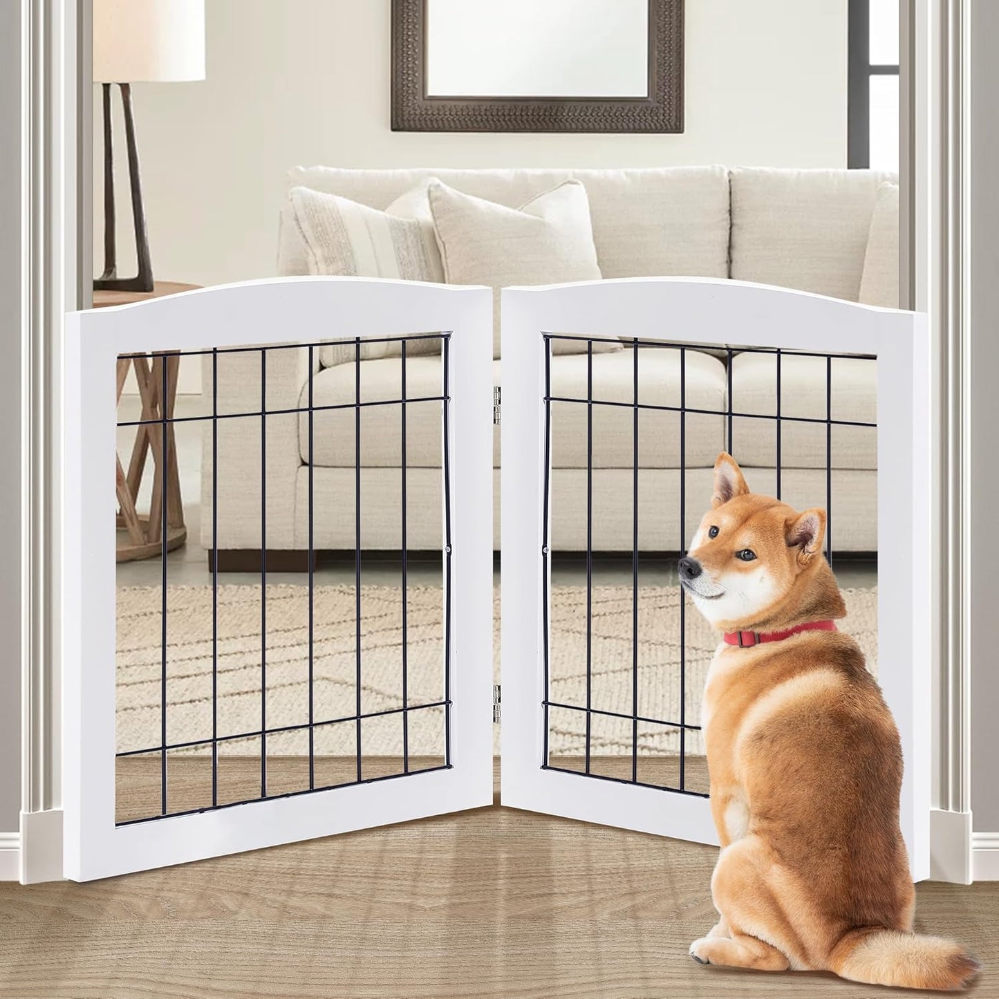 LZRS Freestanding Foldable Wood Dog Gate for Indoor Use