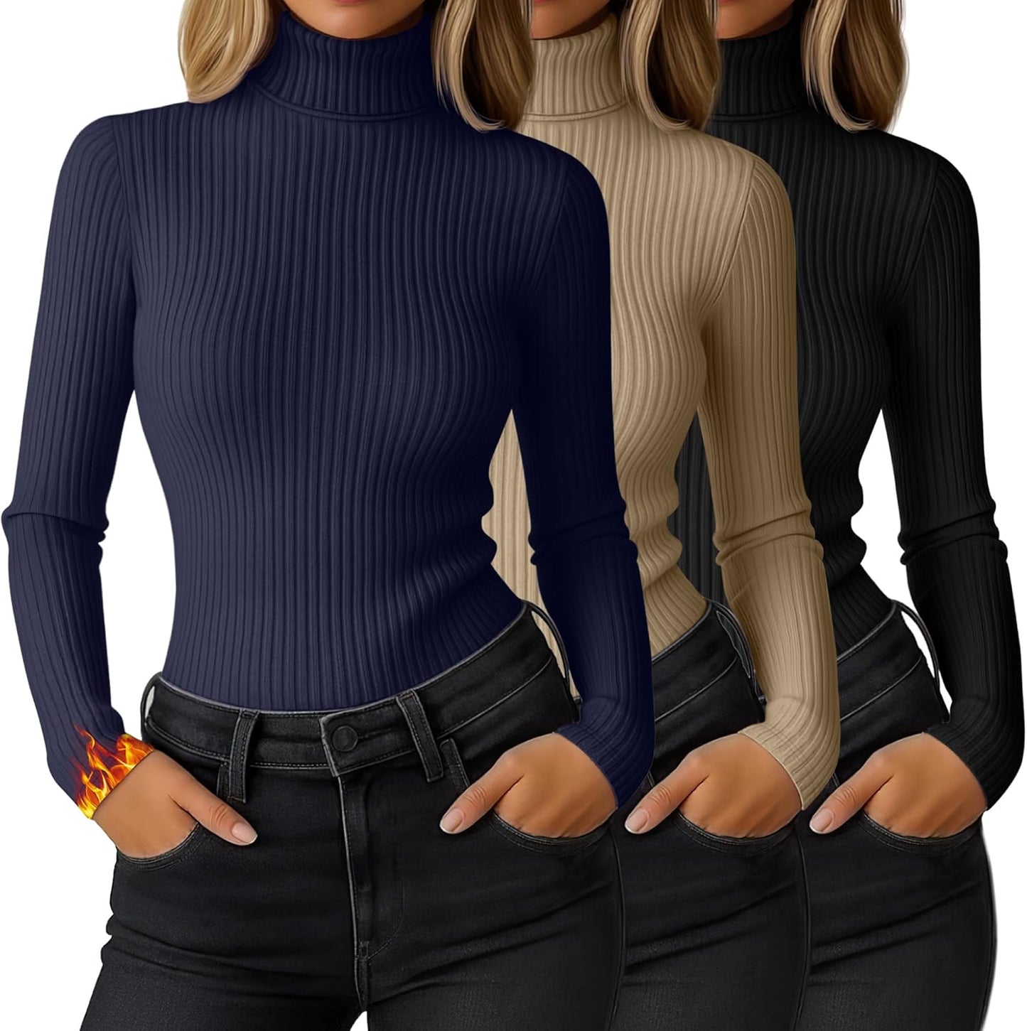 Ribbed Thermal Turtleneck Tops for Women - 3 Pack Long Sleeve