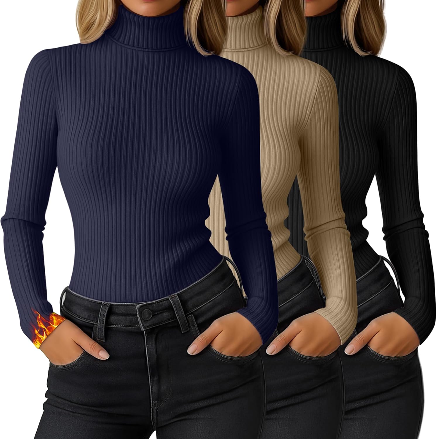 Ribbed Thermal Turtleneck Tops for Women - 3 Pack Long Sleeve
