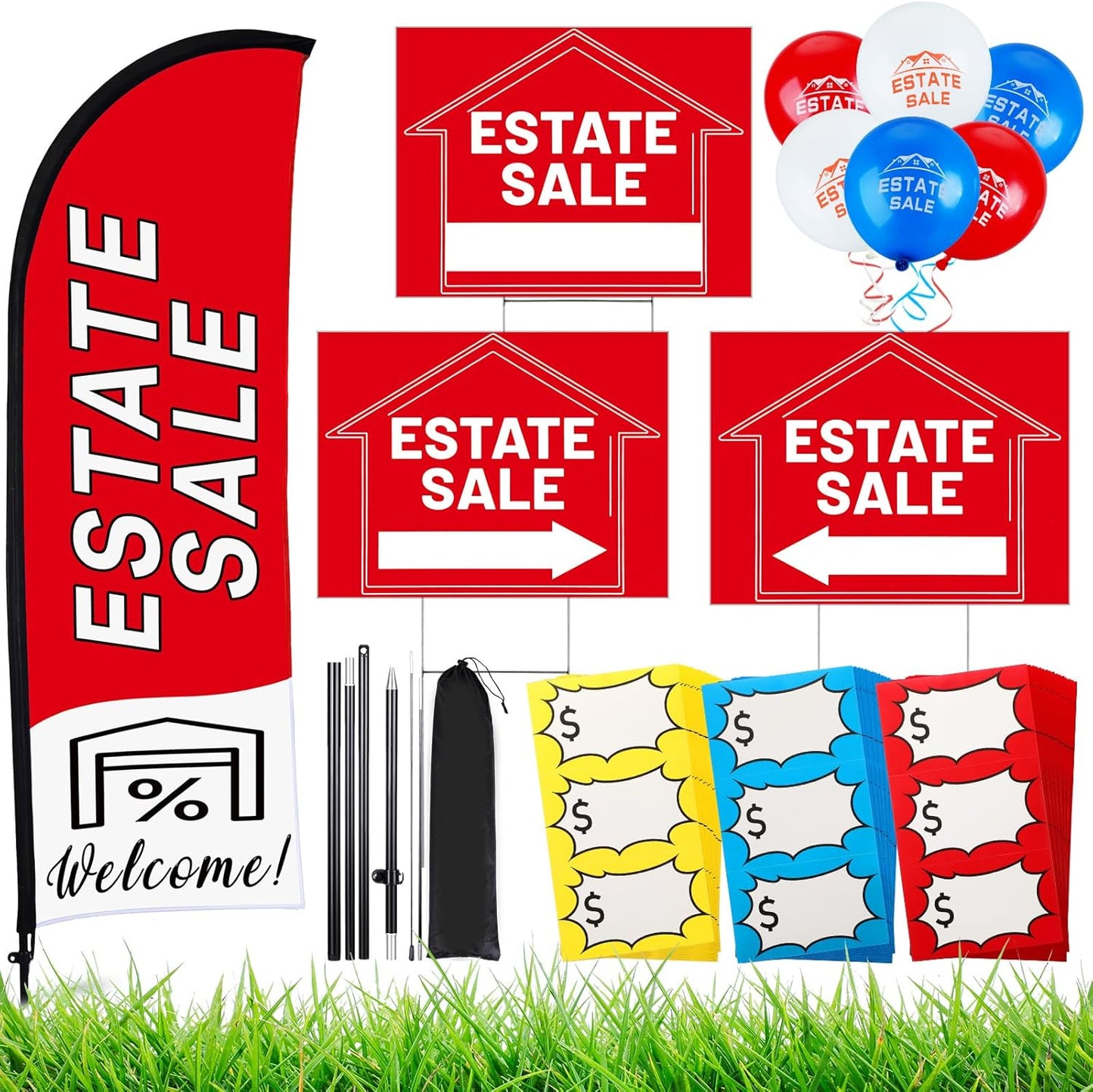 Comprehensive Estate Sale Signs Set with Flag, Balloons, and Stickers